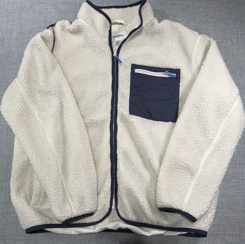 Goodfellow & Co Sherpa Jacket L Cream Full Zip Fleece Lined Pocket Blue Ivory